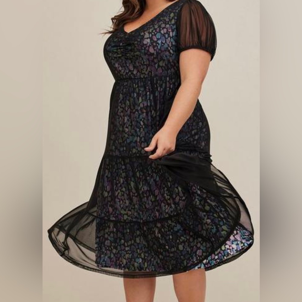 Torrid Tiered Midi Dress - Soft Mesh Spotted Black